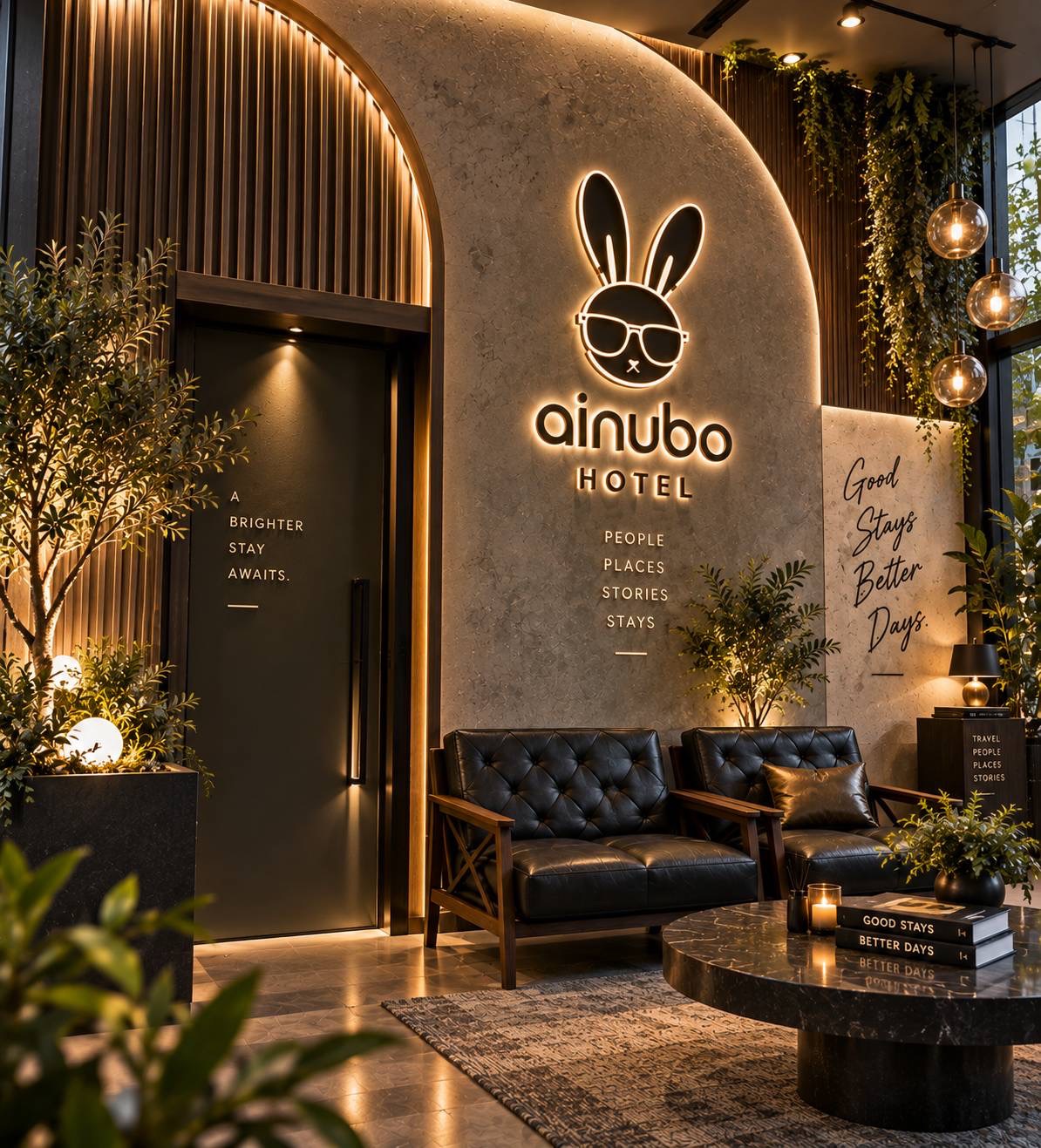 墨綠、黃銅與皮革座椅的 AINUBO 休憩空間設計示意